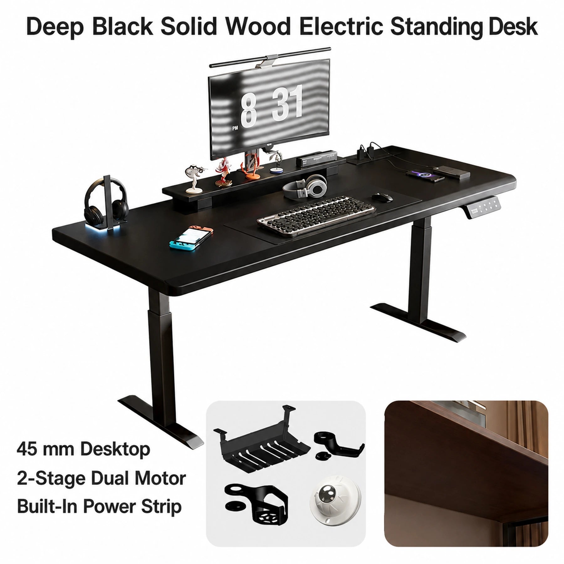 Deep black solid wood standing desk with two-stage dual motors and built-in power strip