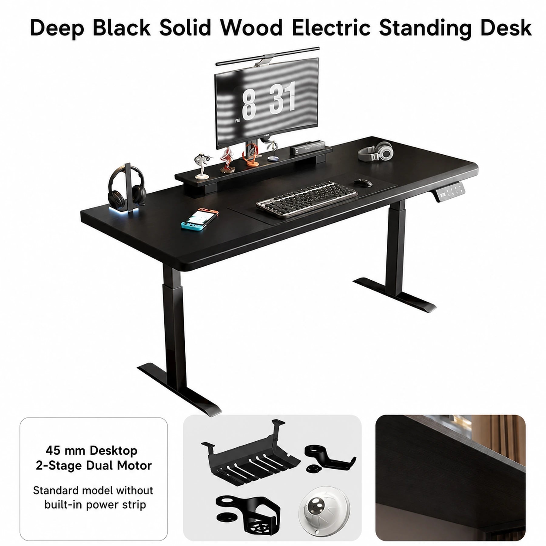 Deep black solid wood standing desk with 45 mm desktop and two-stage dual motors