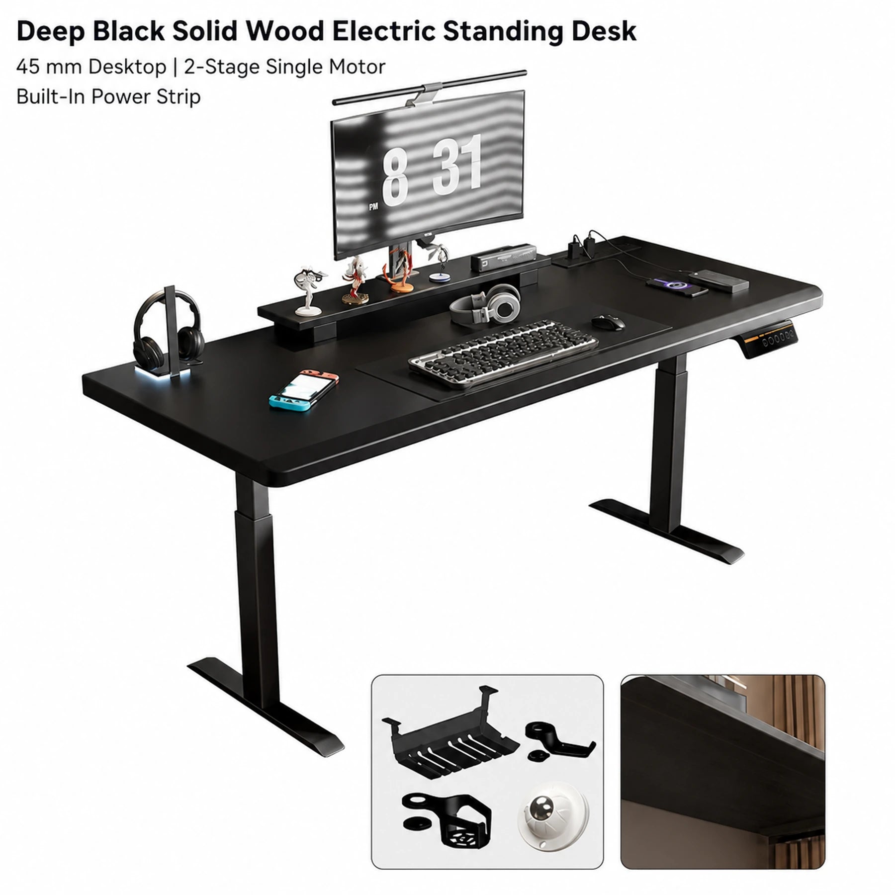 Deep black solid wood standing desk with two-stage single motor and built-in power strip