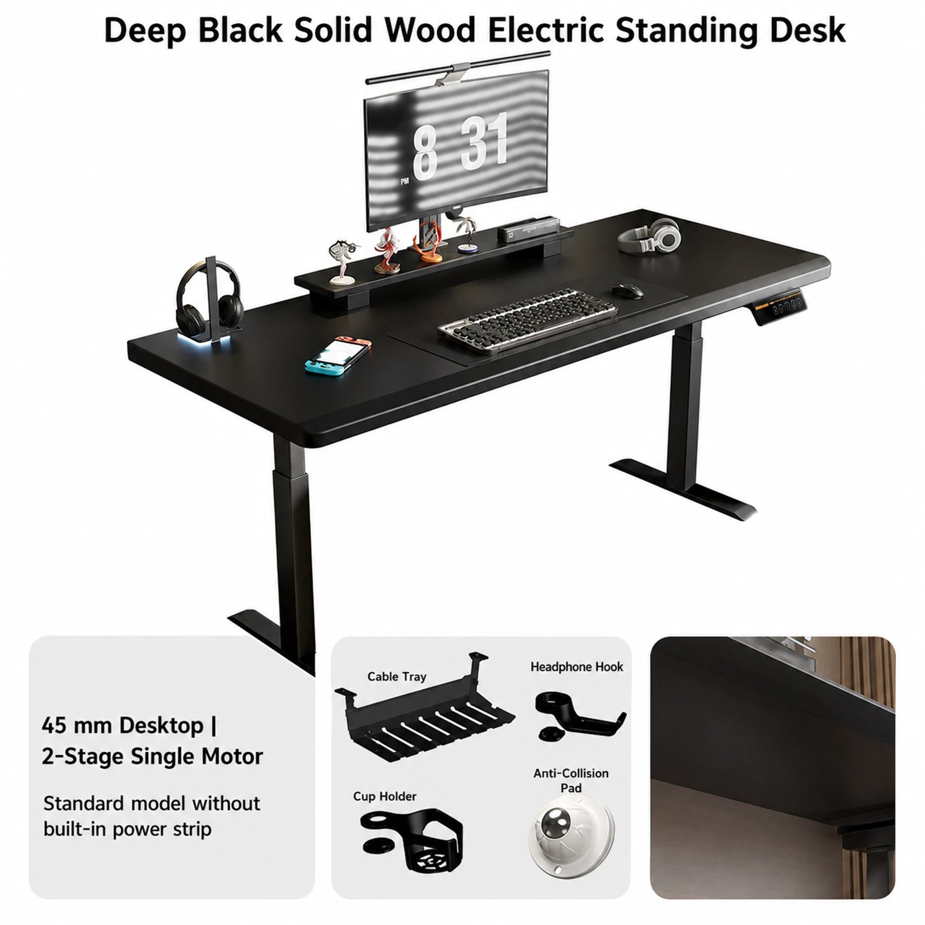 Deep black solid wood standing desk with 45 mm desktop and two-stage single motor