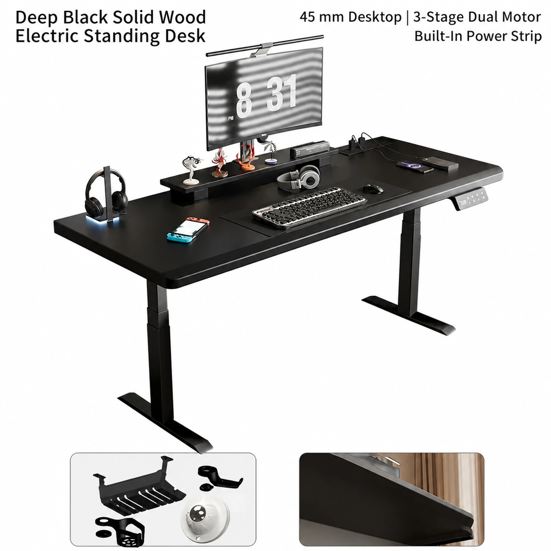 Deep black solid wood standing desk with three-stage dual motors and built-in power strip