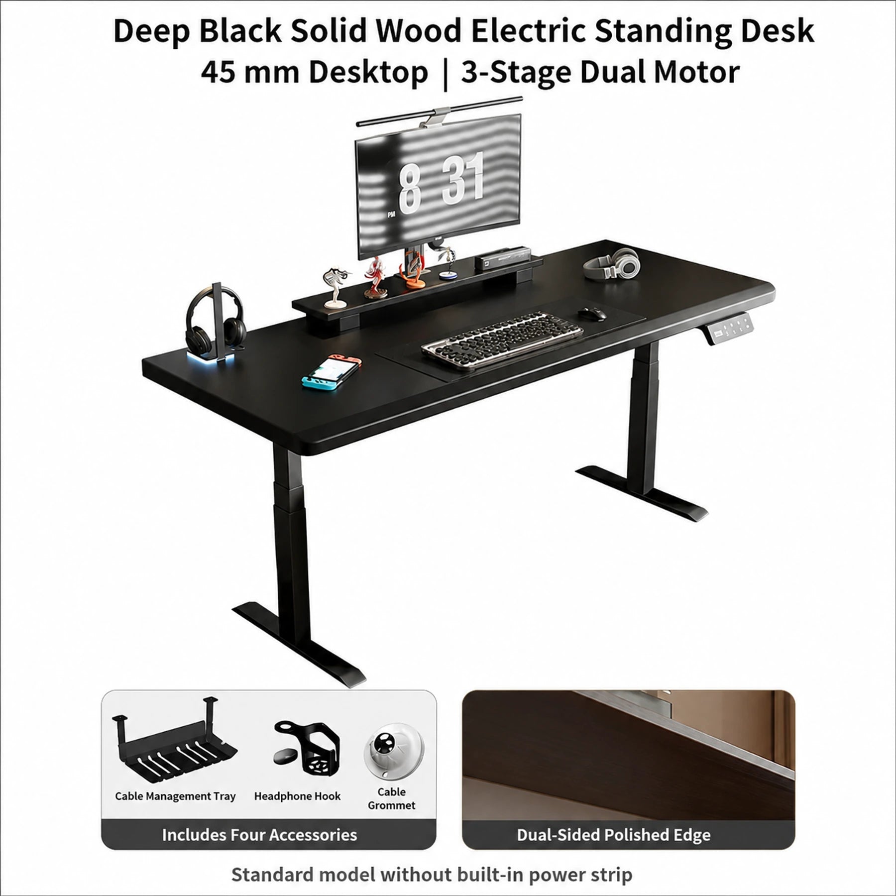 Deep black solid wood standing desk with 45 mm desktop and three-stage dual motors