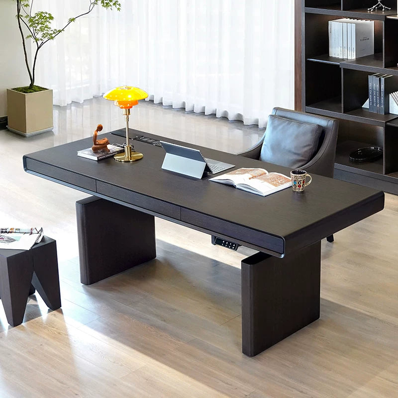 designer electric standing desk in black oak for a modern home office