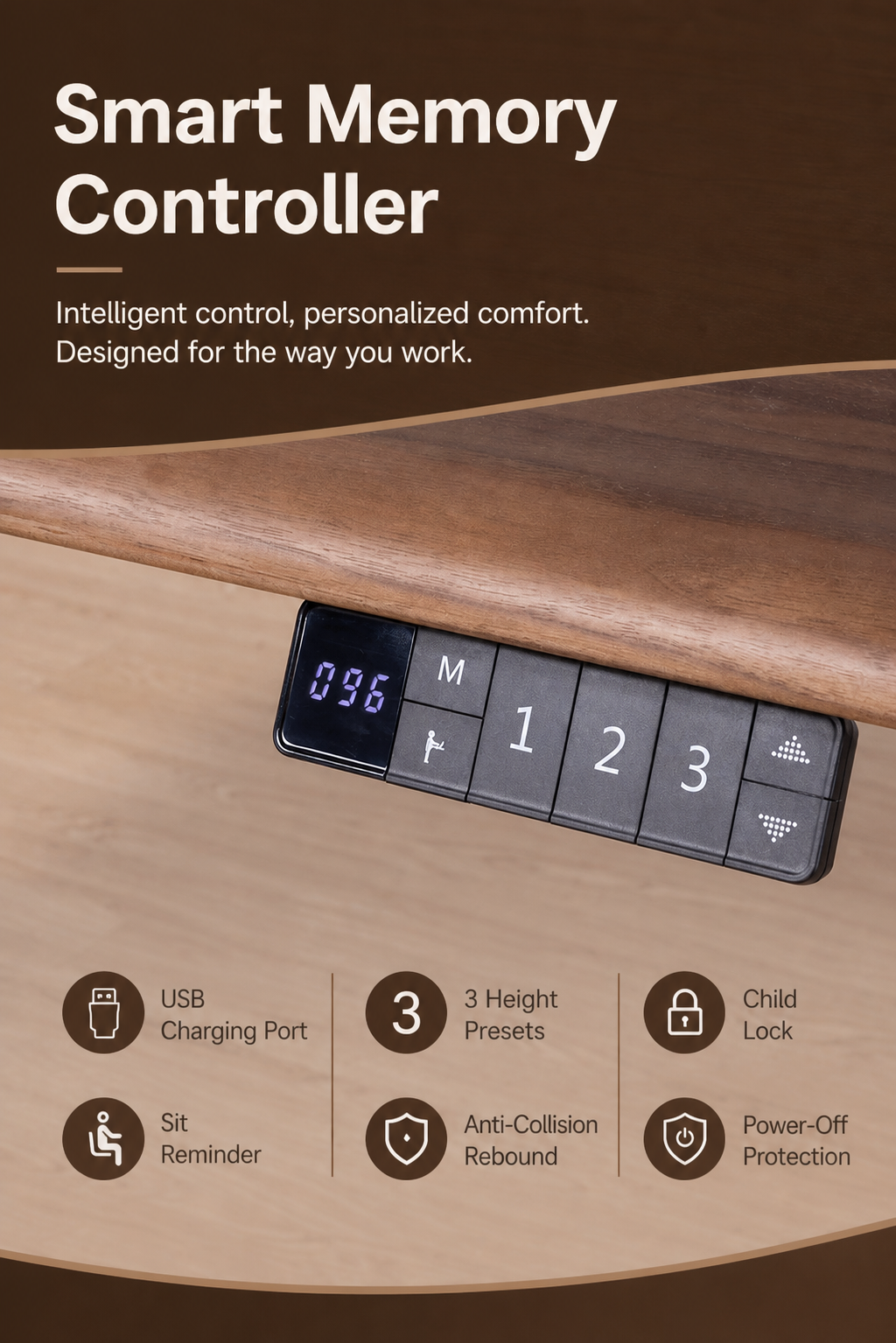 Premium Solid Walnut Wood-Wrapped Dual-Motor Standing Desk memory controller features in English