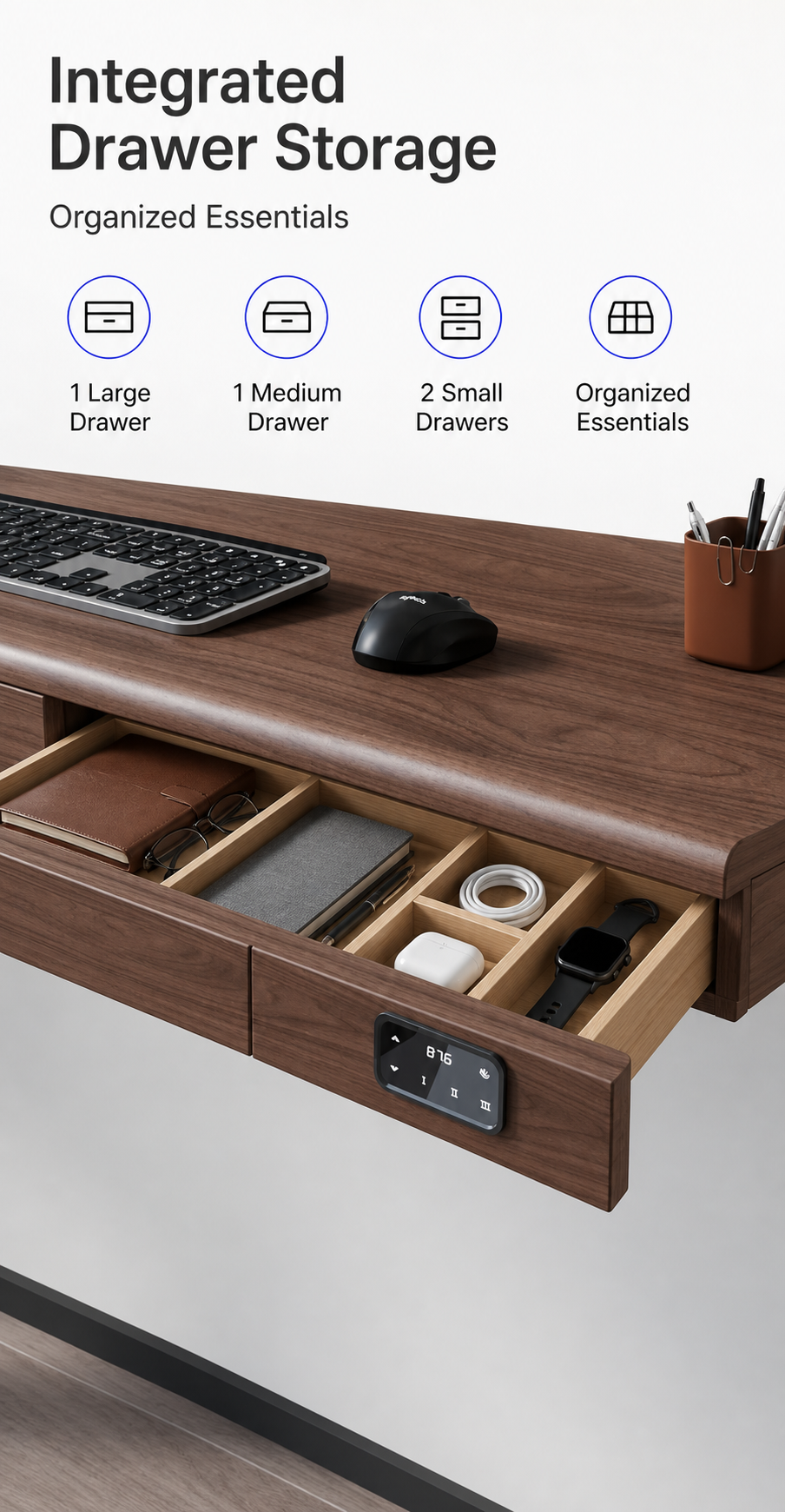 Solid Wood Dual-Motor Standing Desk with Drawers and Side Power integrated drawer organization