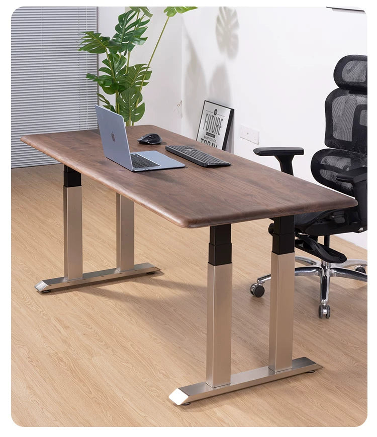 Solid Black Walnut Stainless-Look Electric Standing Desk four-motor side view