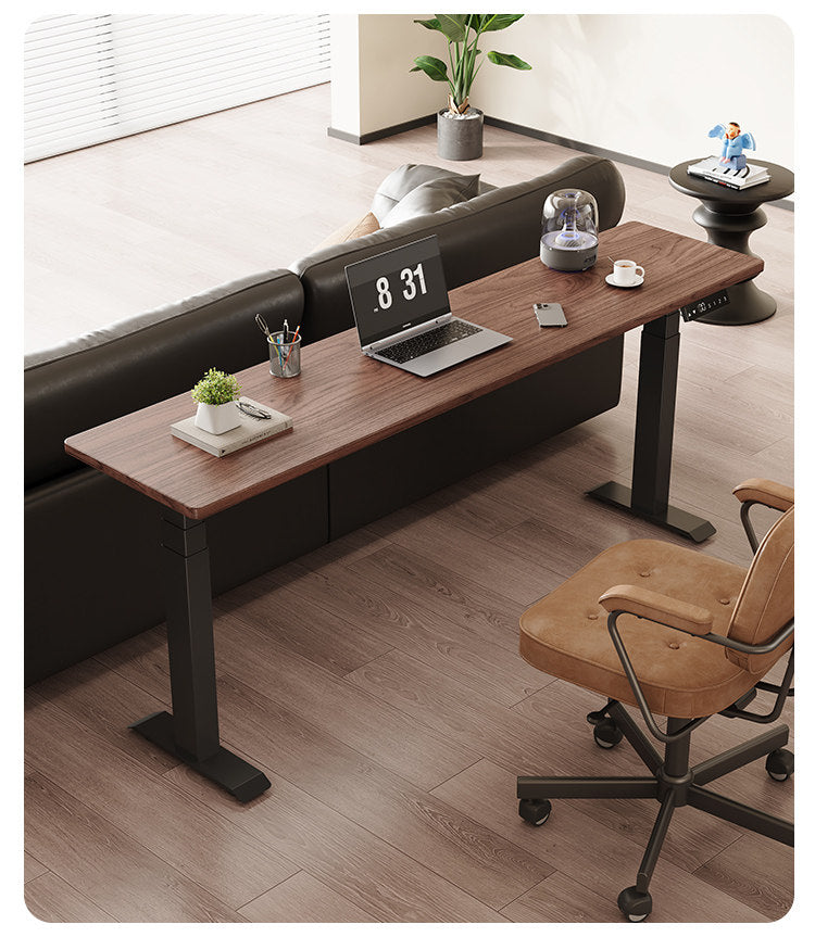 Narrow Solid Wood Dual-Motor Standing Desk walnut desktop lifestyle view