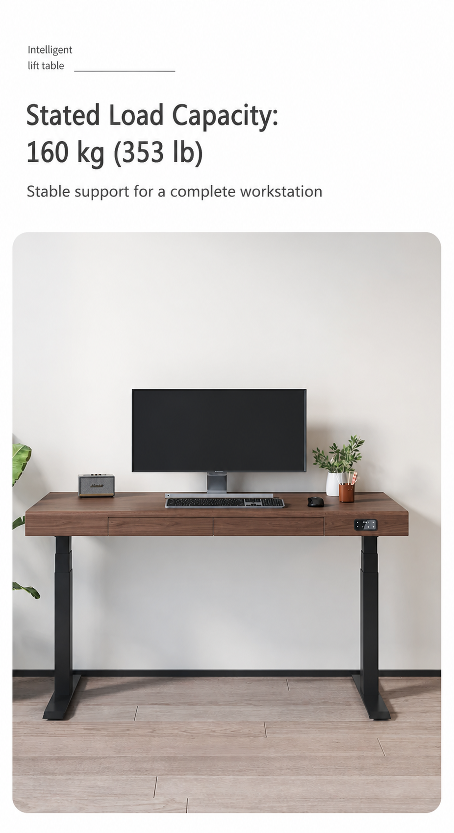 Solid Wood Dual-Motor Standing Desk with Drawers and Side Power stated 160 kg load capacity