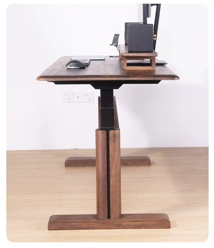 Premium Solid Walnut Wood-Wrapped Dual-Motor Standing Desk side profile at standing height