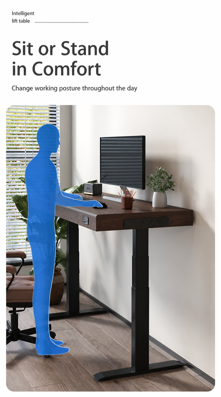 Solid Wood Dual-Motor Standing Desk with Drawers and Side Power seated and standing use