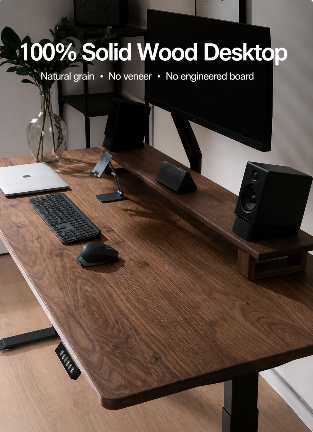 Solid Wood Dual-Motor Standing Desk with Drawers and Side Power solid wood desktop
