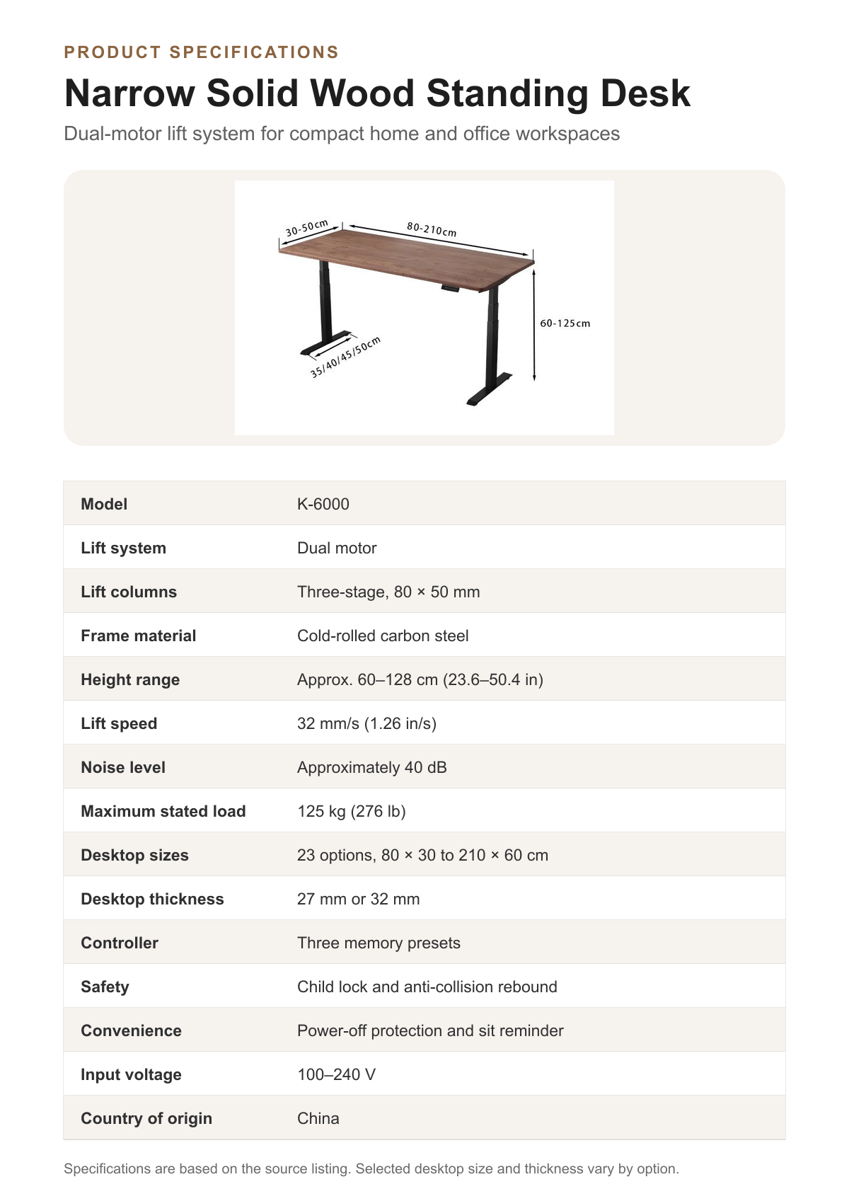 Narrow Solid Wood Dual-Motor Standing Desk English product specifications