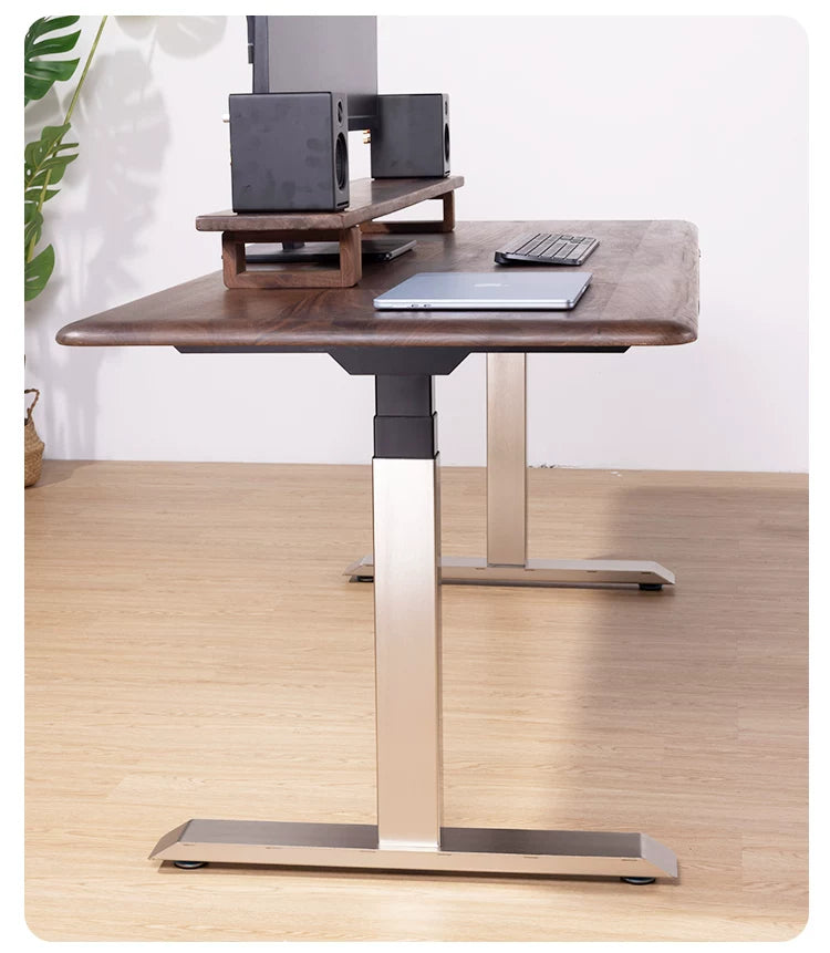 Solid Black Walnut Stainless-Look Electric Standing Desk raised front view