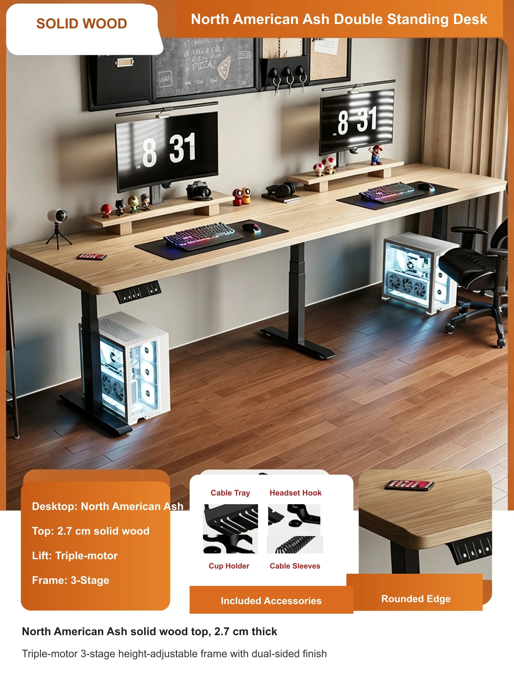 North American ash double electric standing desk with 2.7 cm top and triple-motor 3-stage lift