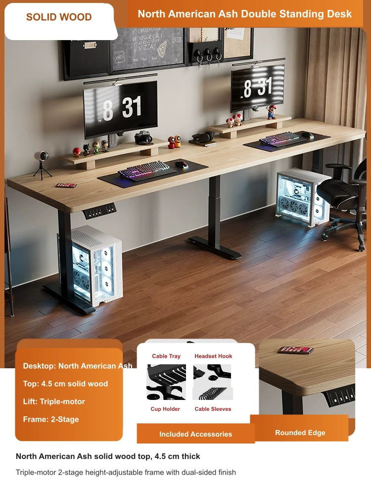 North American ash double electric standing desk with 4.5 cm top and triple-motor 2-stage lift