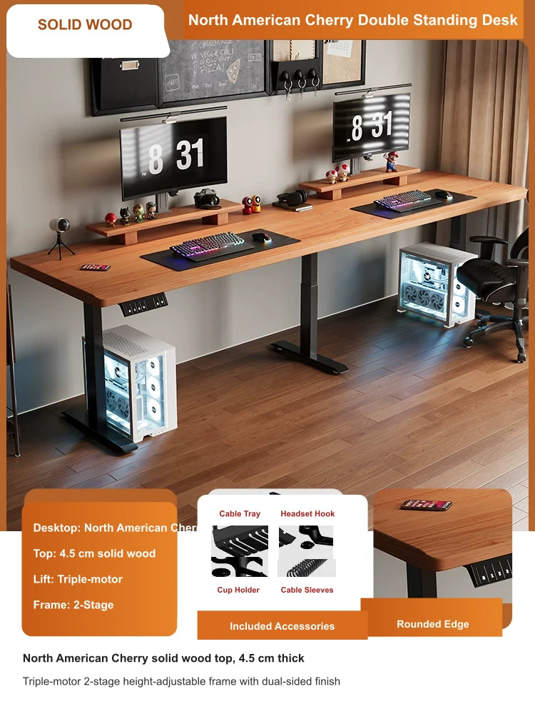 North American cherry double electric standing desk with 4.5 cm top and triple-motor 2-stage lift