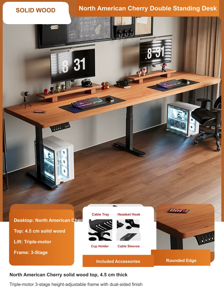 North American cherry double electric standing desk with 4.5 cm top and triple-motor 3-stage lift