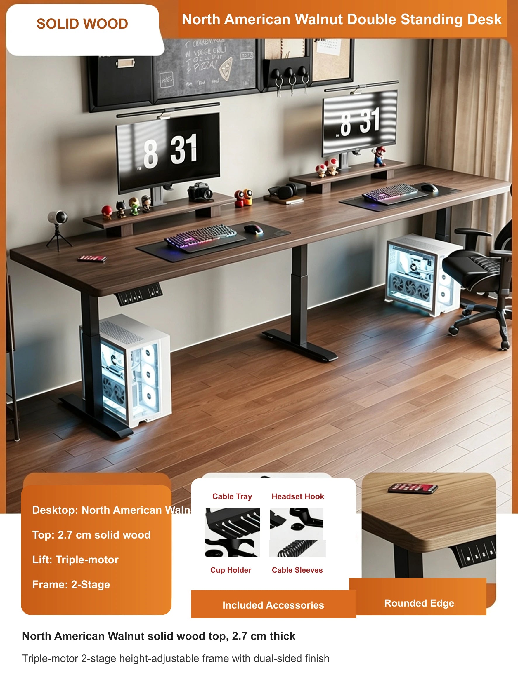 North American walnut double electric standing desk with 2.7 cm top and triple-motor 2-stage lift