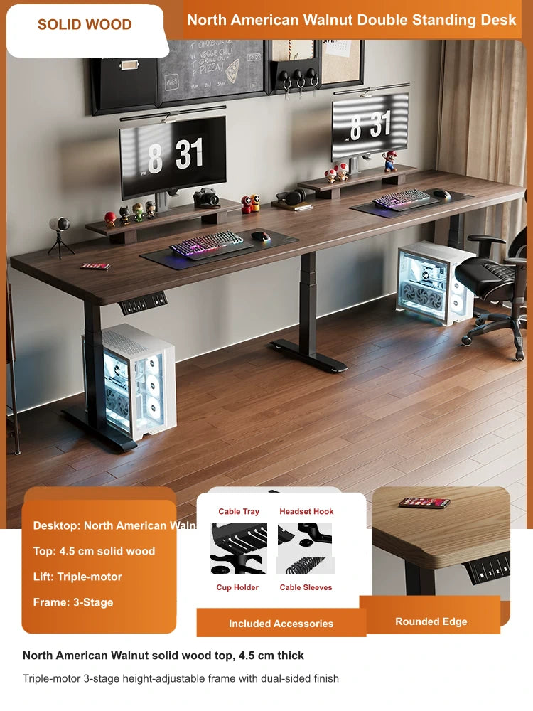 North American walnut double electric standing desk with 4.5 cm top and triple-motor 3-stage lift