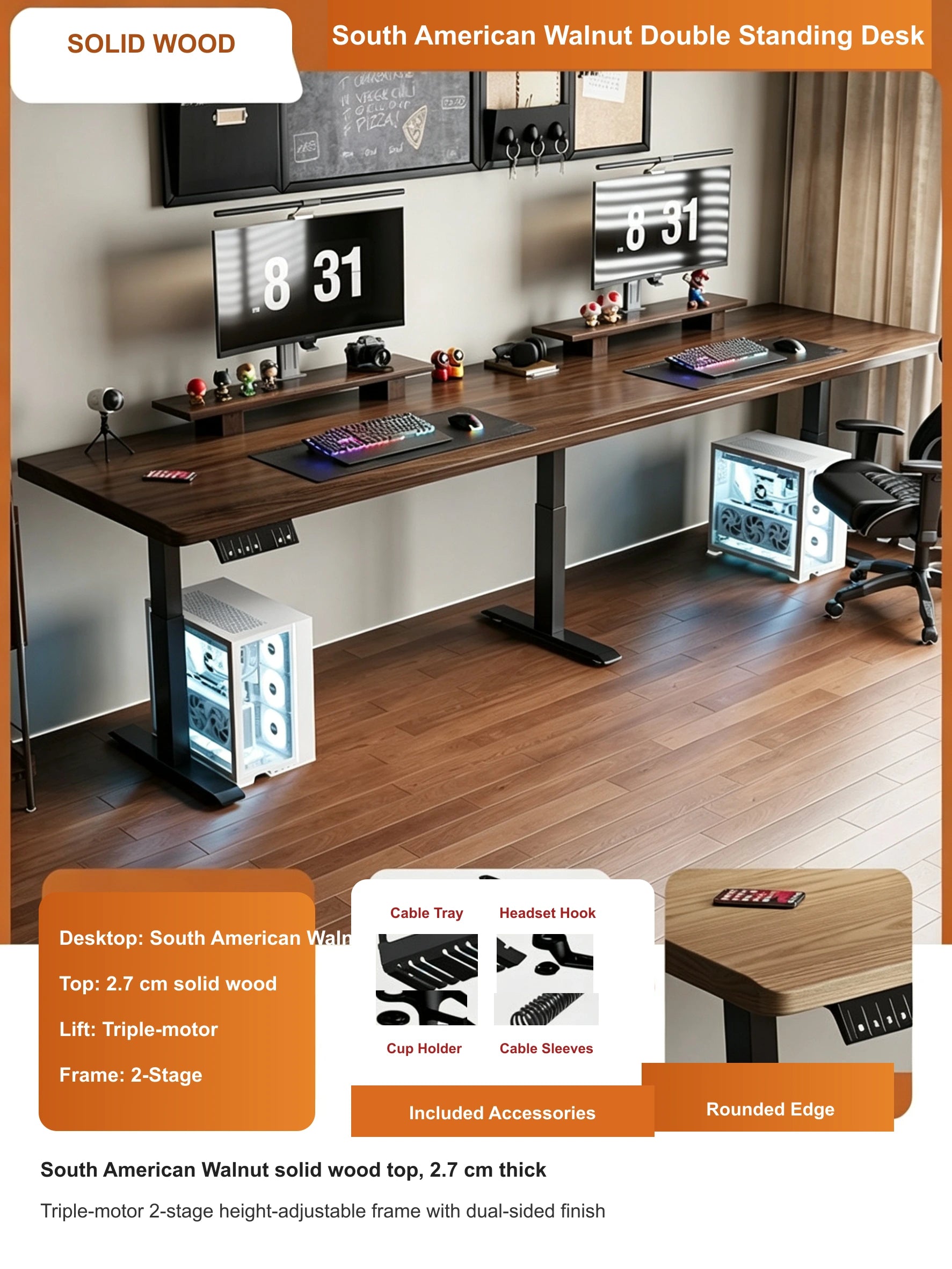 South American walnut double electric standing desk with 2.7 cm top and triple-motor 2-stage lift