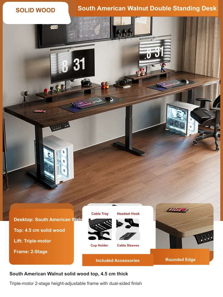 South American walnut double electric standing desk with 4.5 cm top and triple-motor 2-stage lift