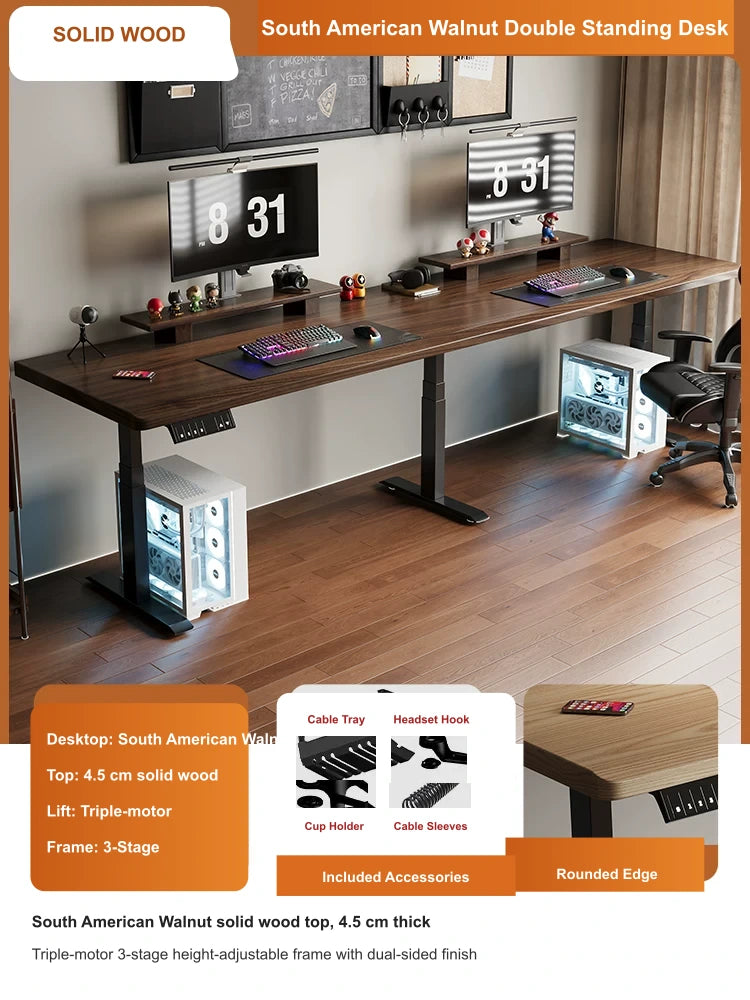 South American walnut double electric standing desk with 4.5 cm top and triple-motor 3-stage lift