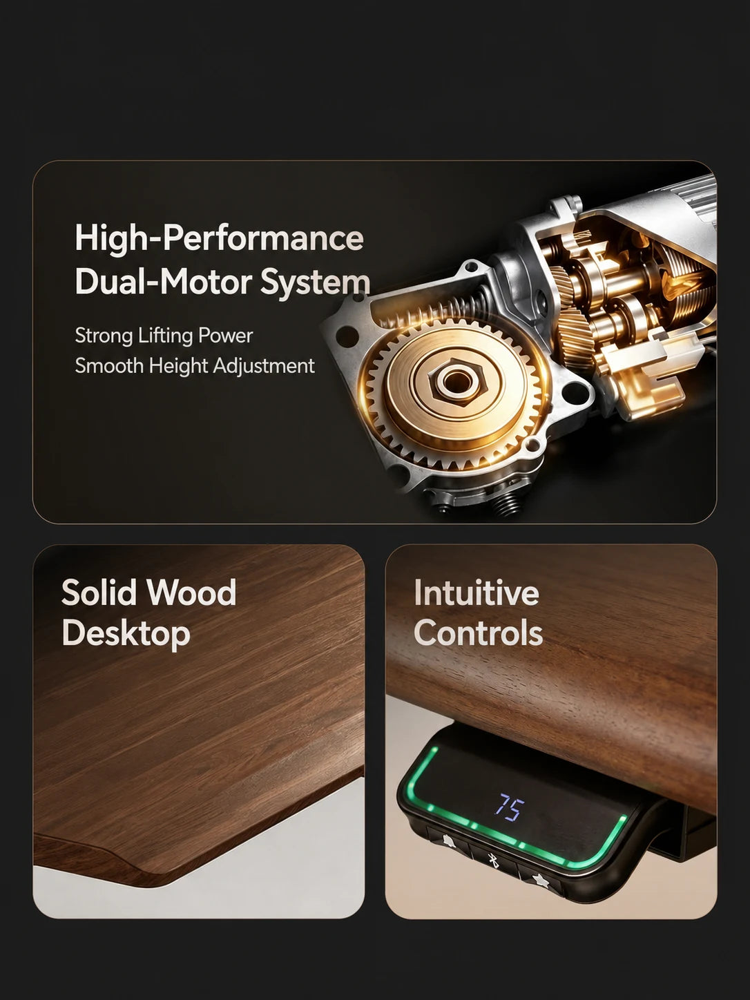 dual-motor electric standing desk mechanism, solid wood desktop and intuitive controls