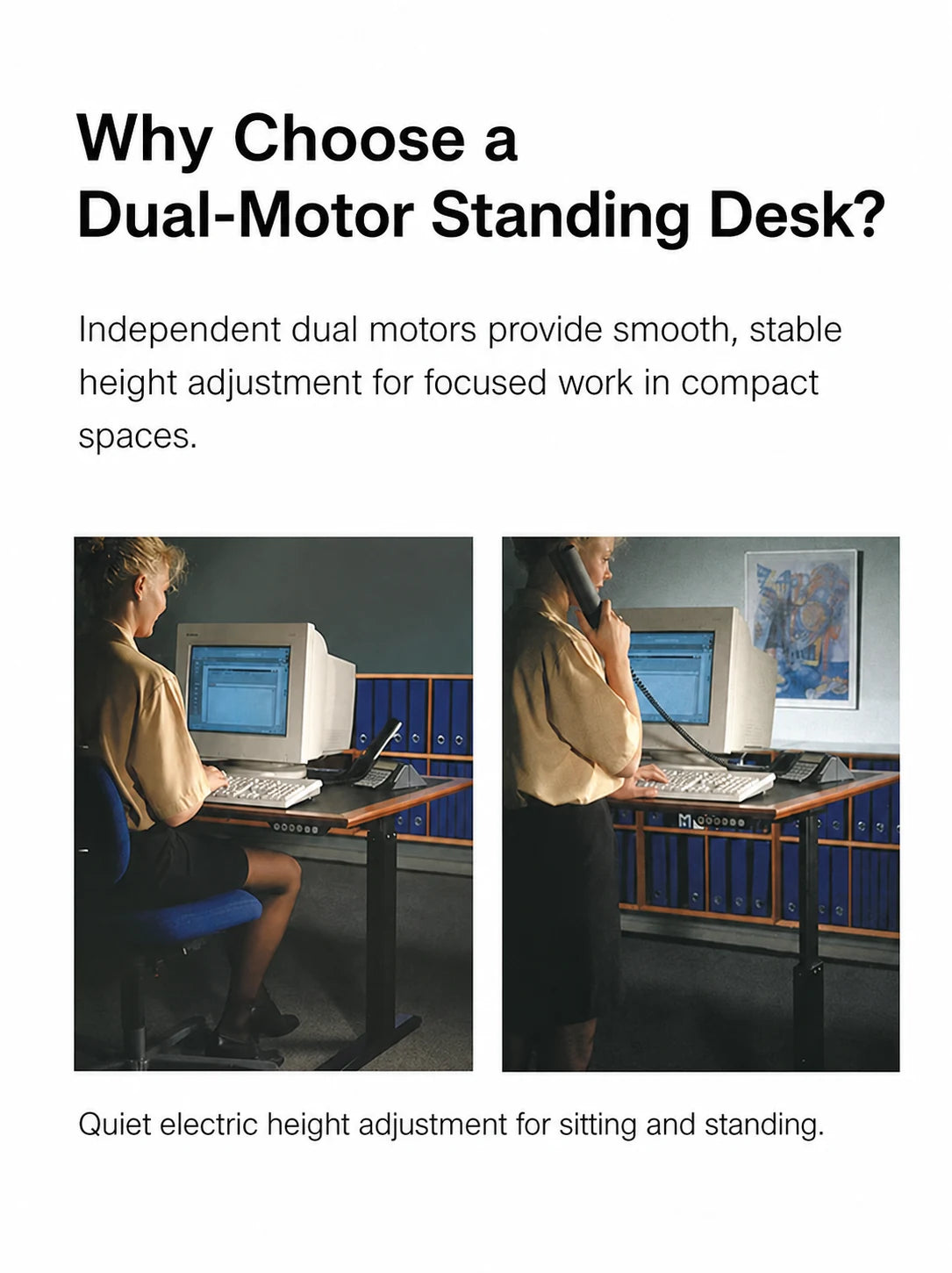 dual-motor standing desk shown at sitting and standing heights