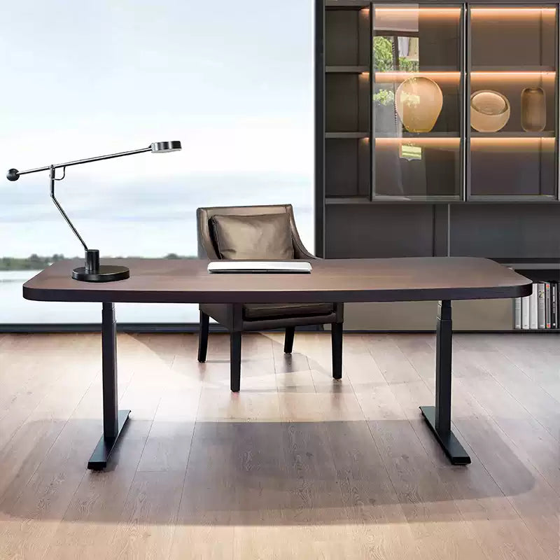 Smoked wood dual-motor electric standing desk shown from the front in a modern office
