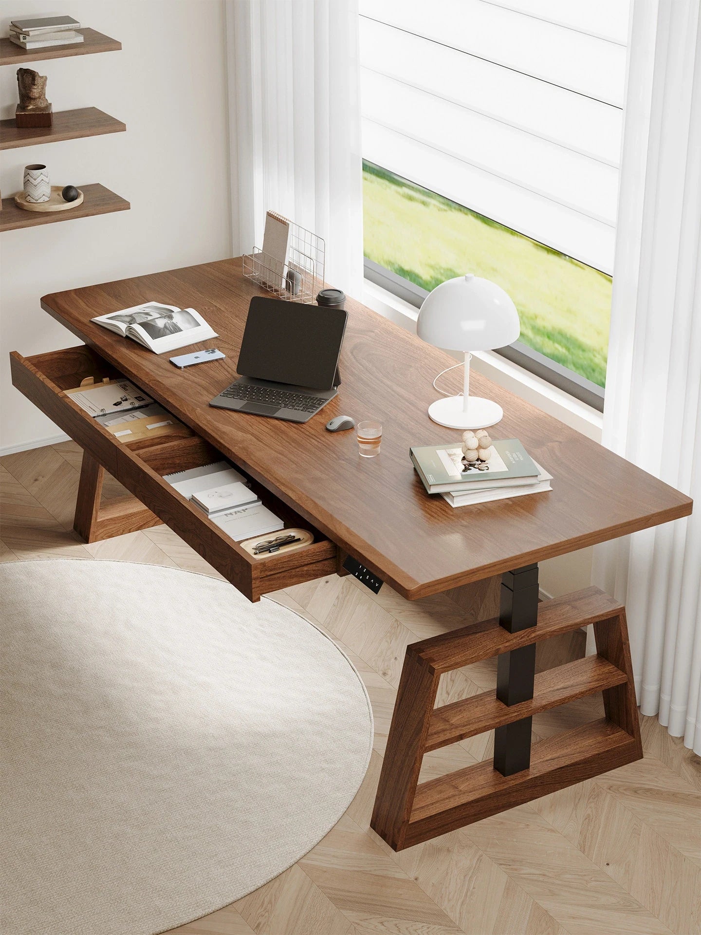 Dual motor standing desk with solid wood leg frame