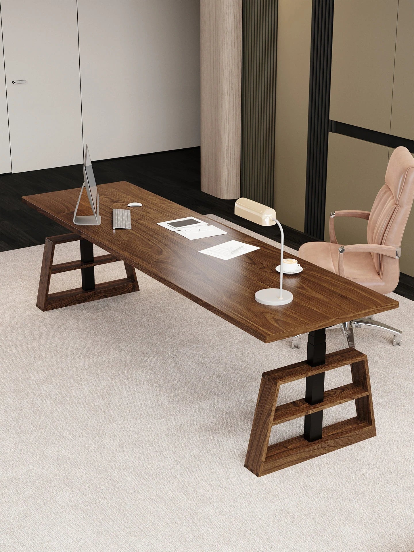 Dual motor standing desk with solid wood leg guards