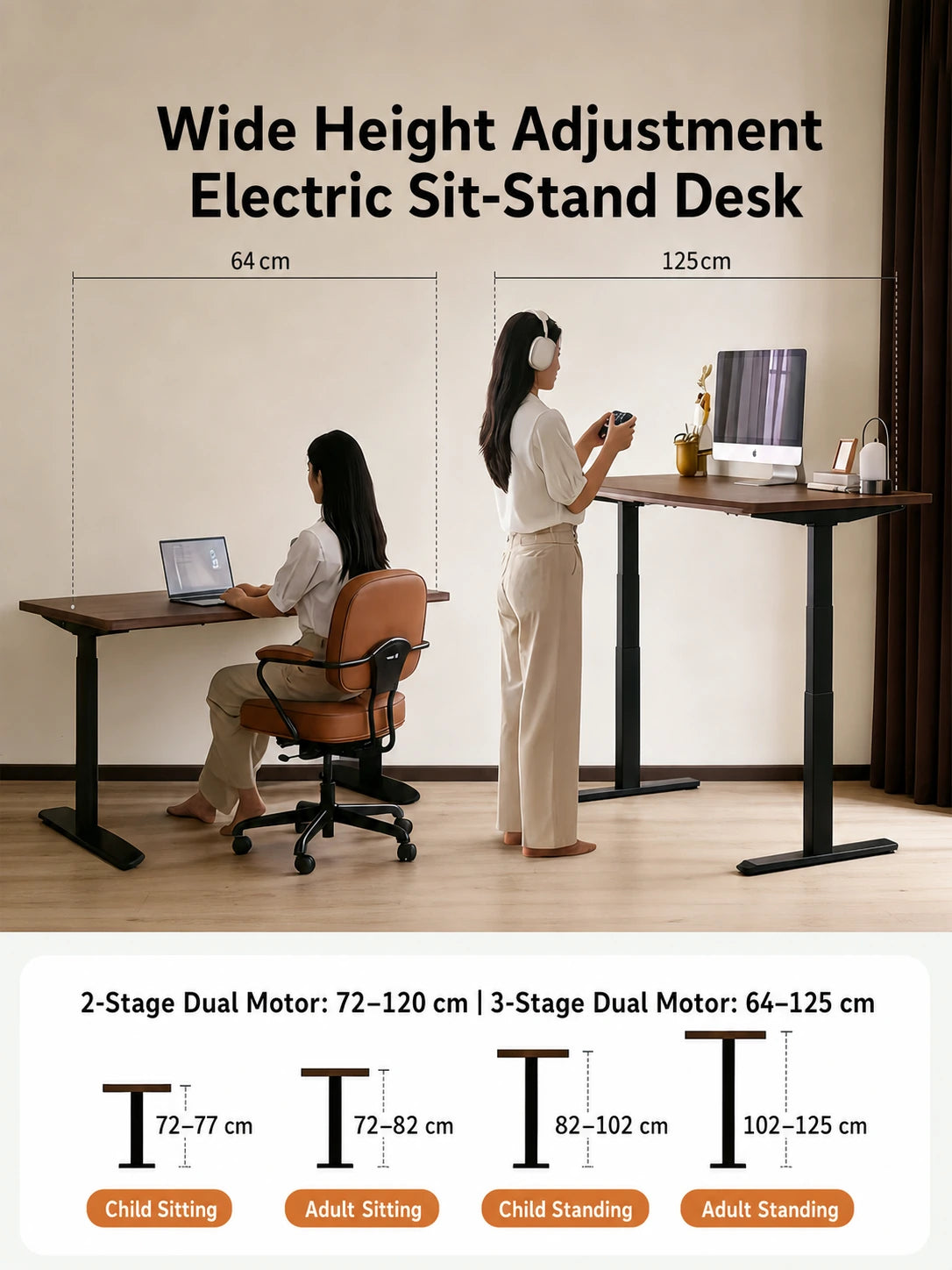 Dual-motor South American walnut standing desk height ranges for sitting and standing
