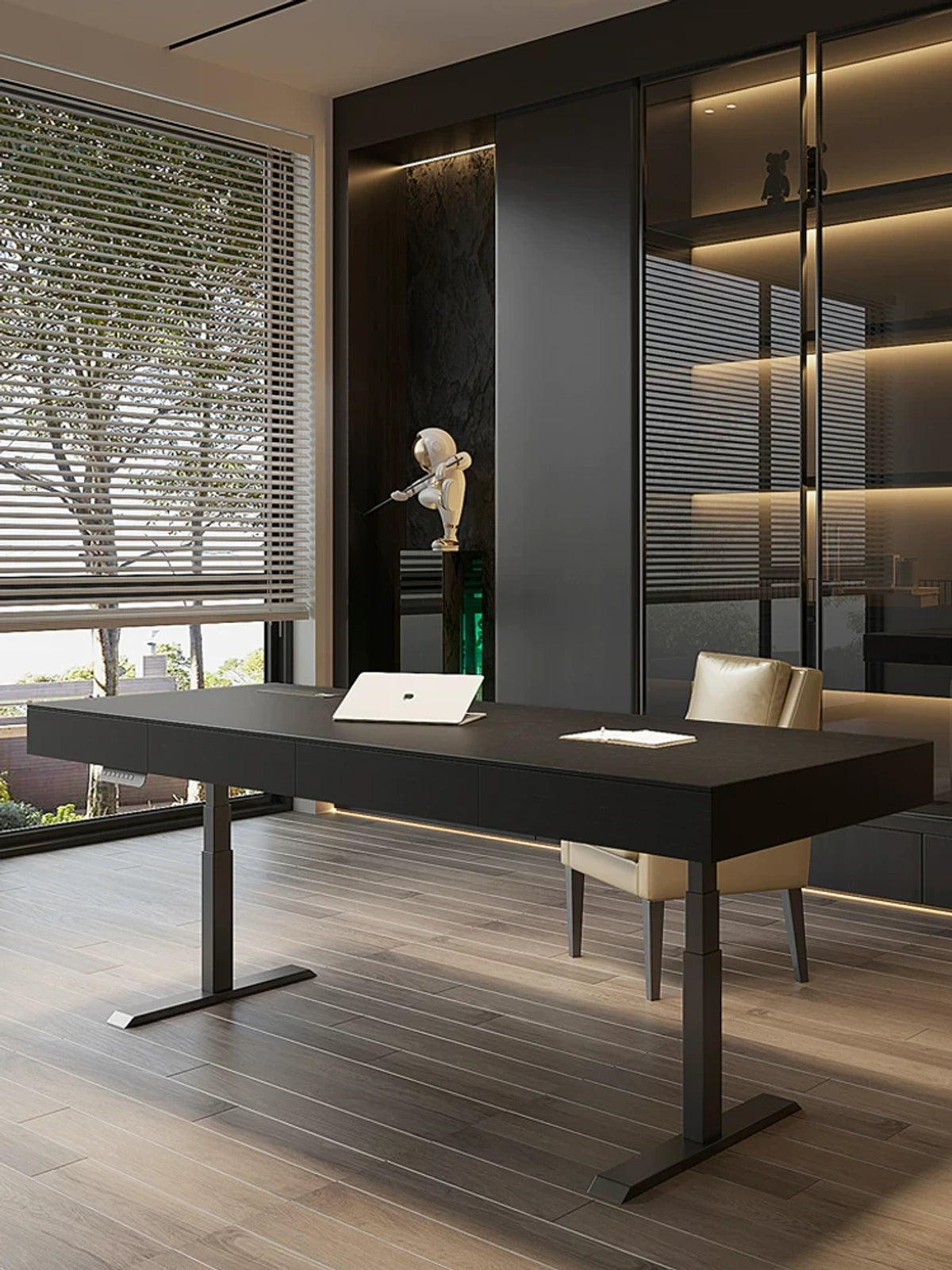 electric sit stand desk with integrated storage in an office setting