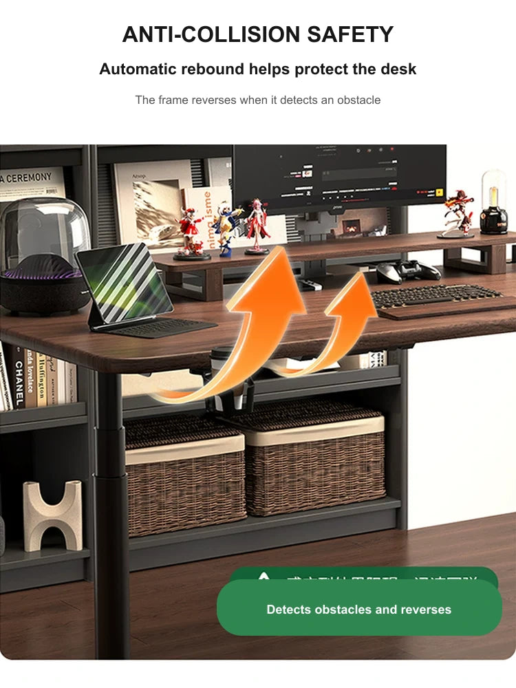 Electric standing desk demonstrating anti-collision rebound protection around obstacles
