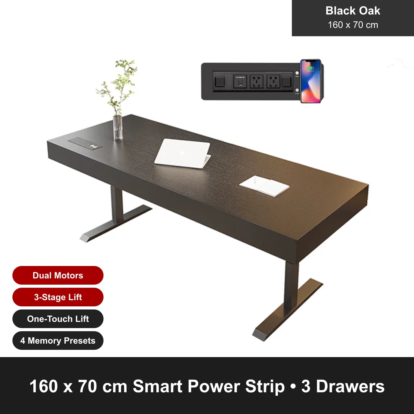 black oak electric standing desk, smart power strip, 160 x 70 cm, 3 drawers