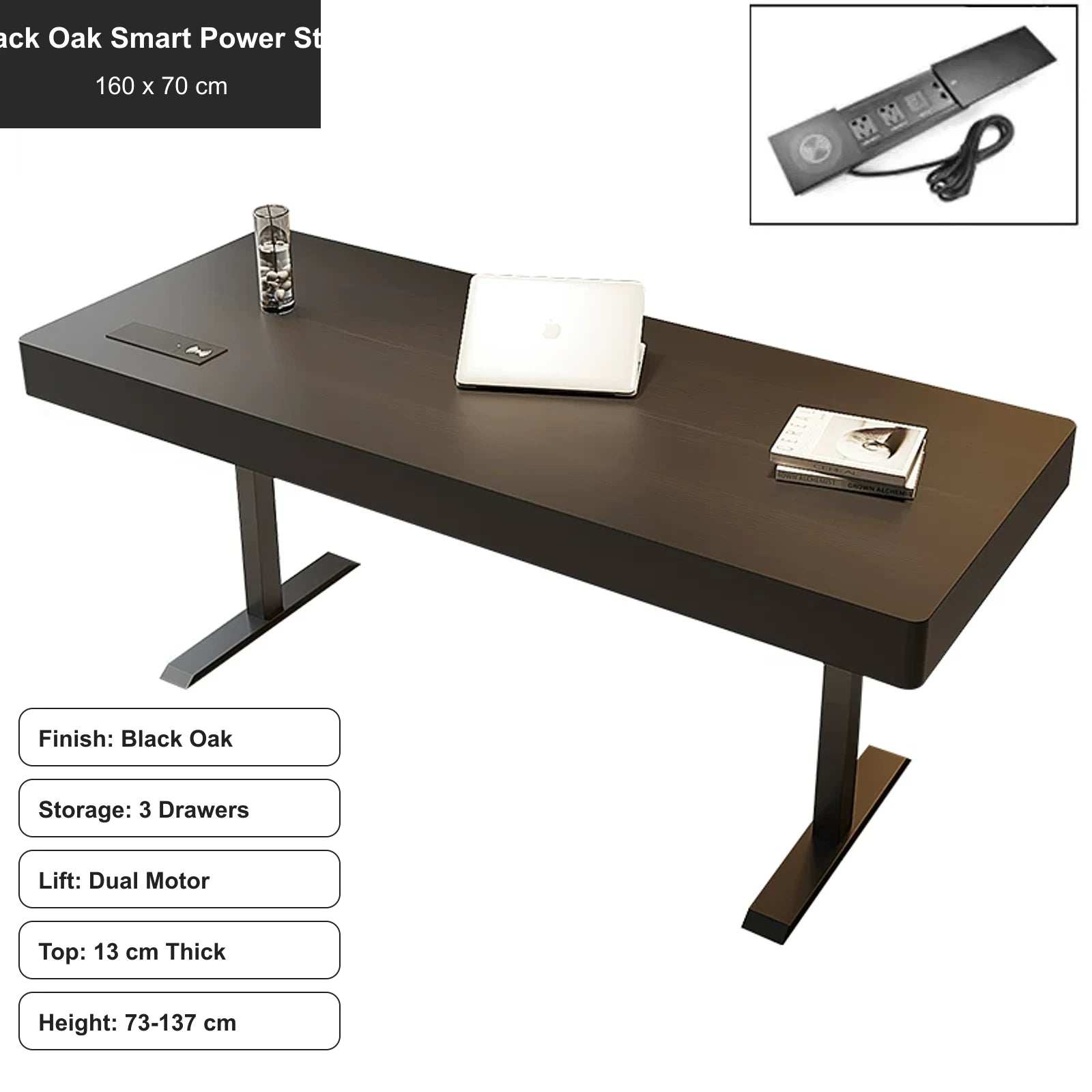 black oak electric standing desk with 3 drawers, smart power strip, 160 x 70 cm