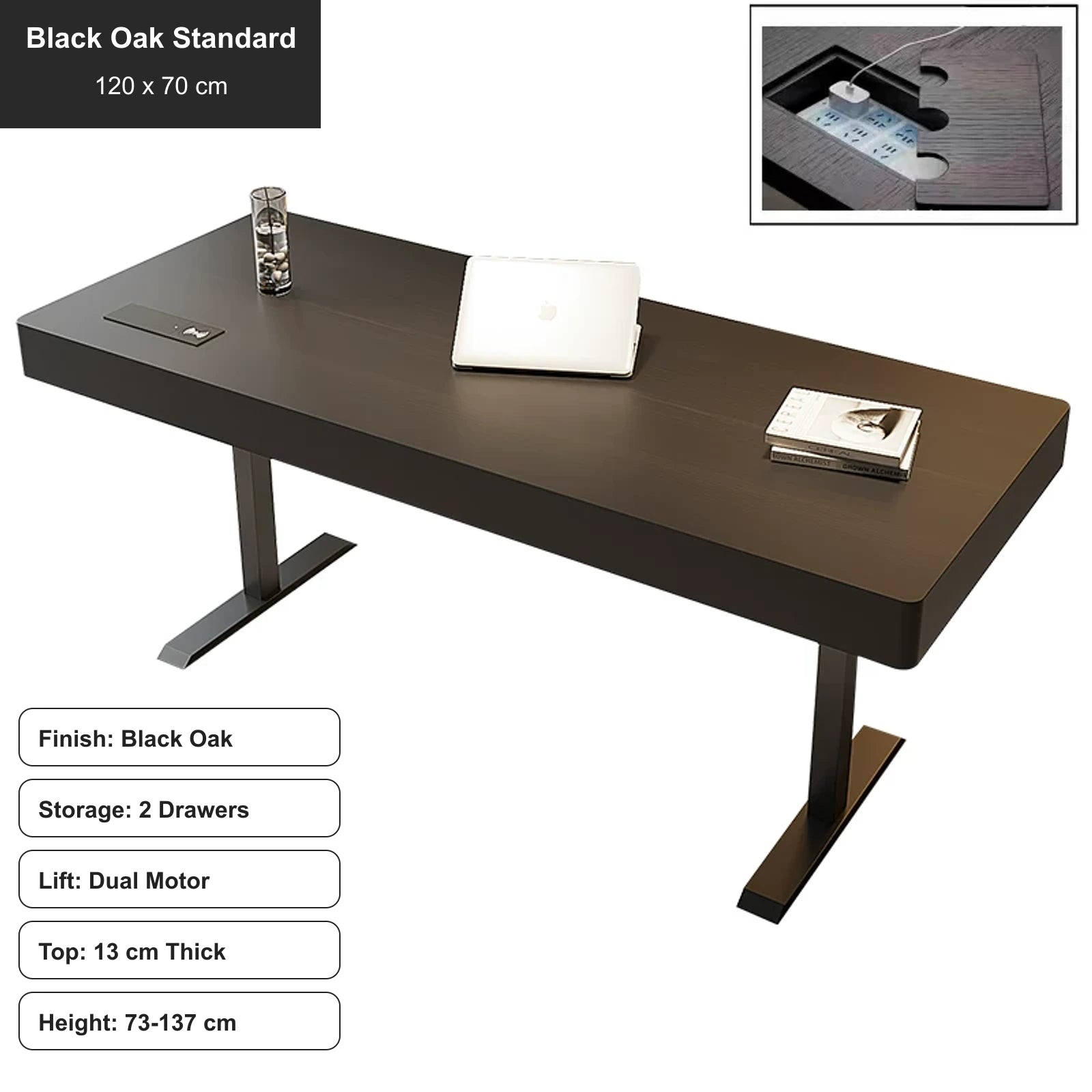 black oak electric standing desk with 2 drawers, standard, 120 x 70 cm