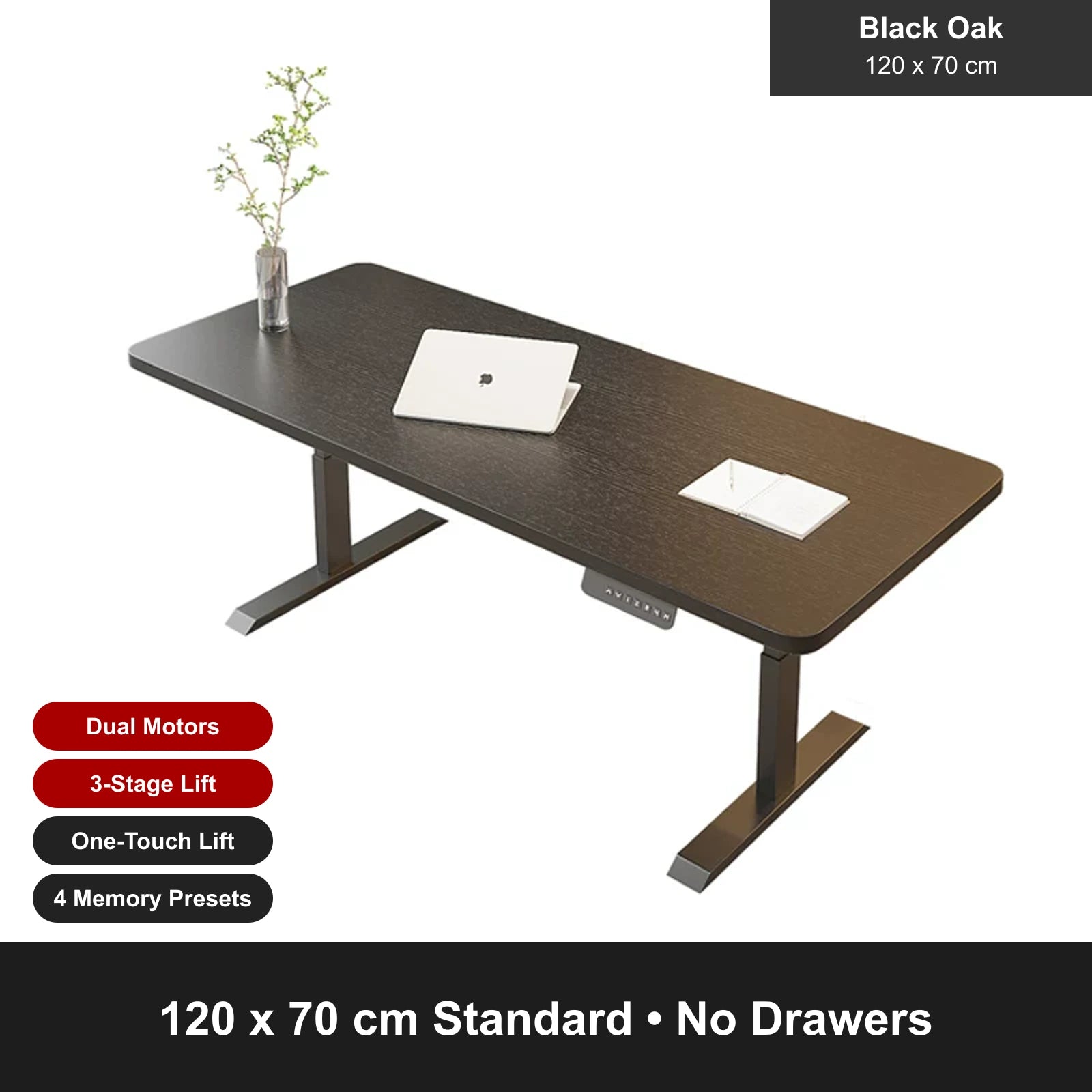 black oak electric standing desk, standard, 120 x 70 cm, no drawers