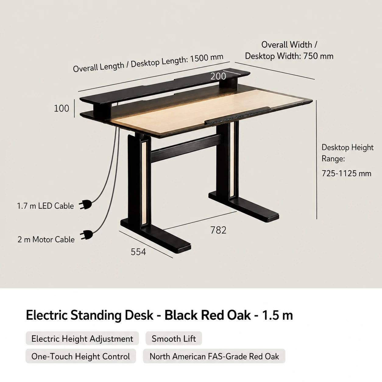 black red oak electric standing desk with fixed desktop and monitor shelf