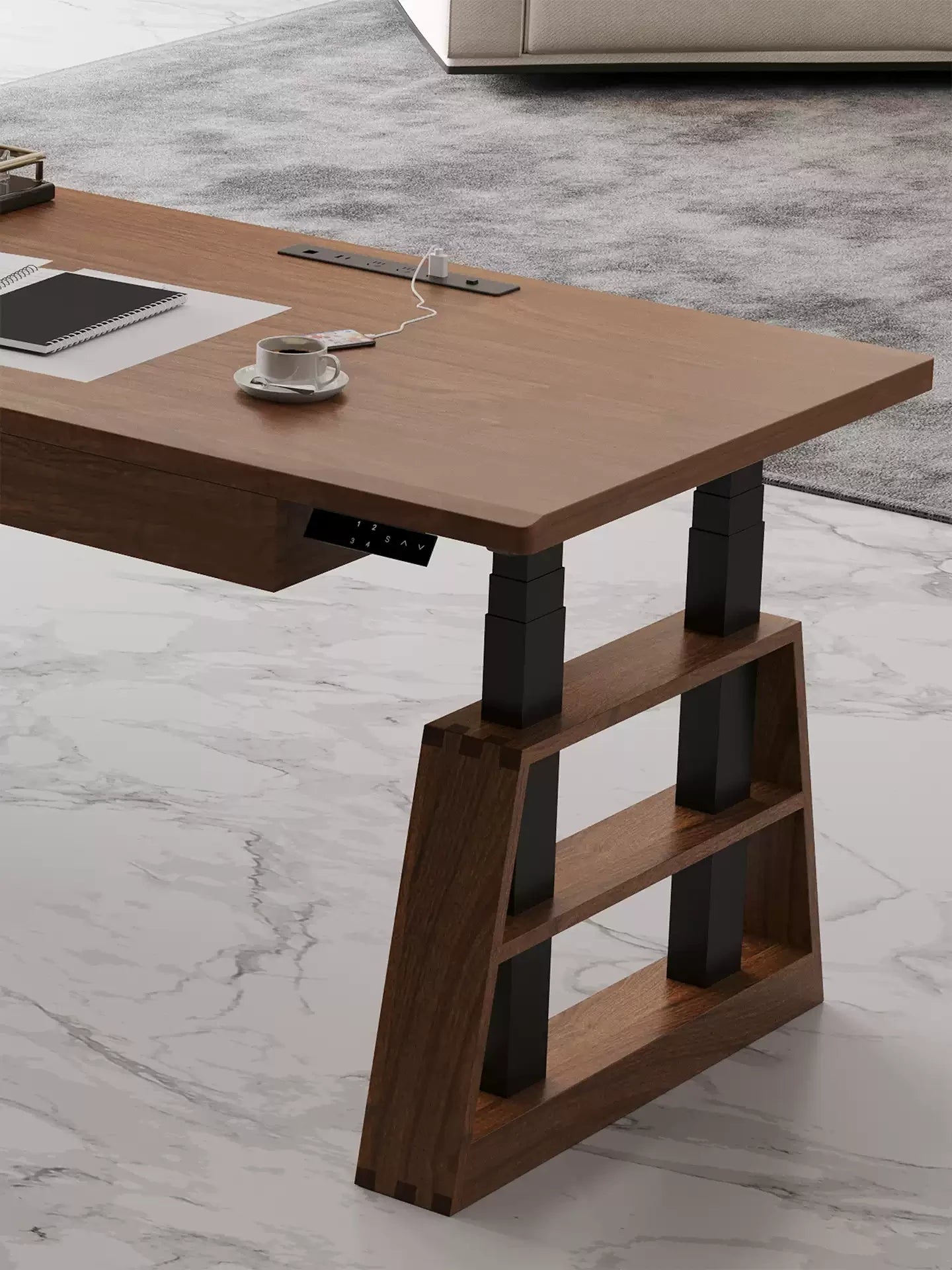 Electric standing desk with built-in cable management and hardwood top