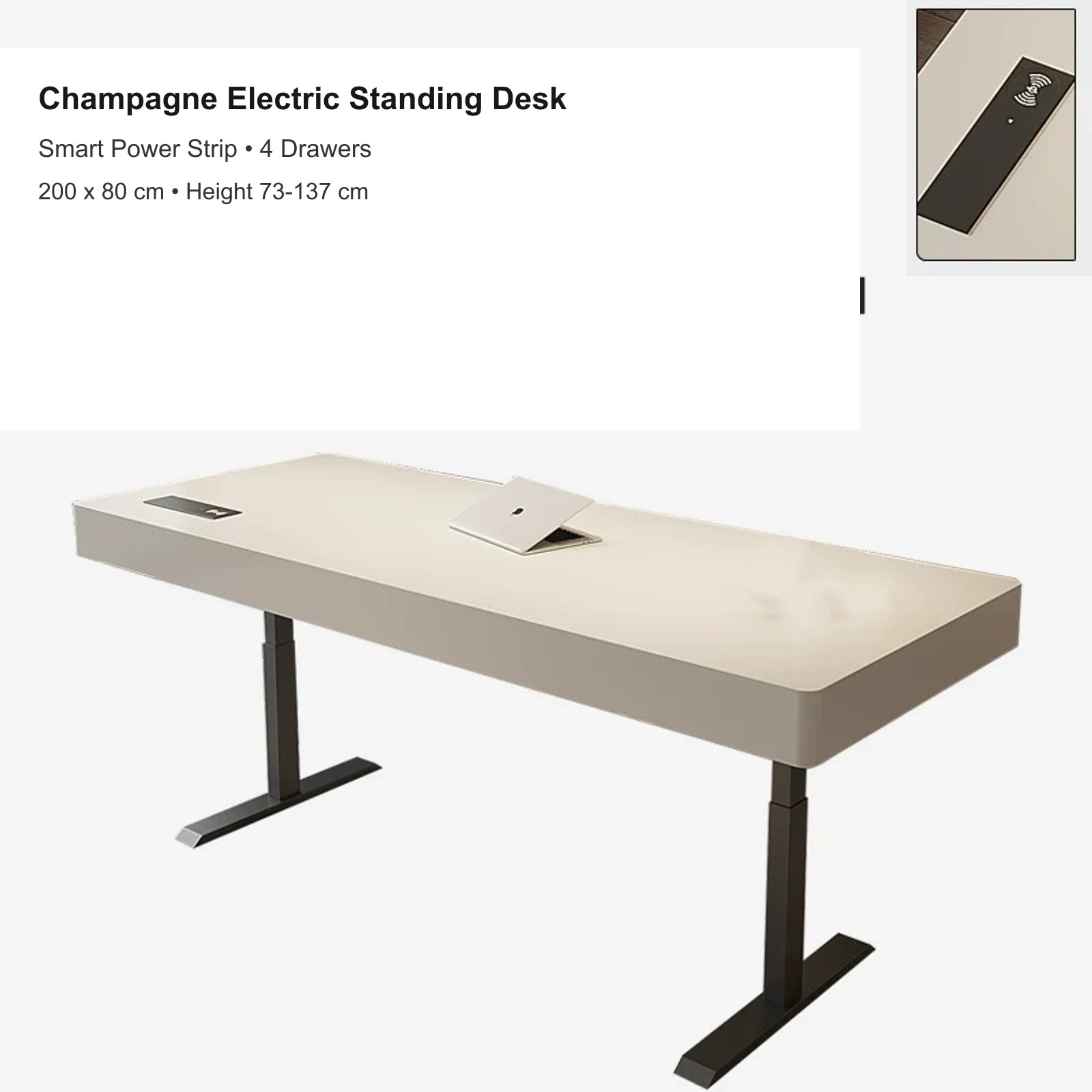 champagne electric standing desk with 4 drawers, smart power strip, 200 x 80 cm
