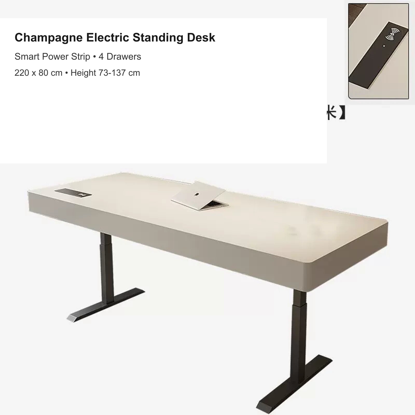 champagne electric standing desk with 4 drawers, smart power strip, 220 x 80 cm