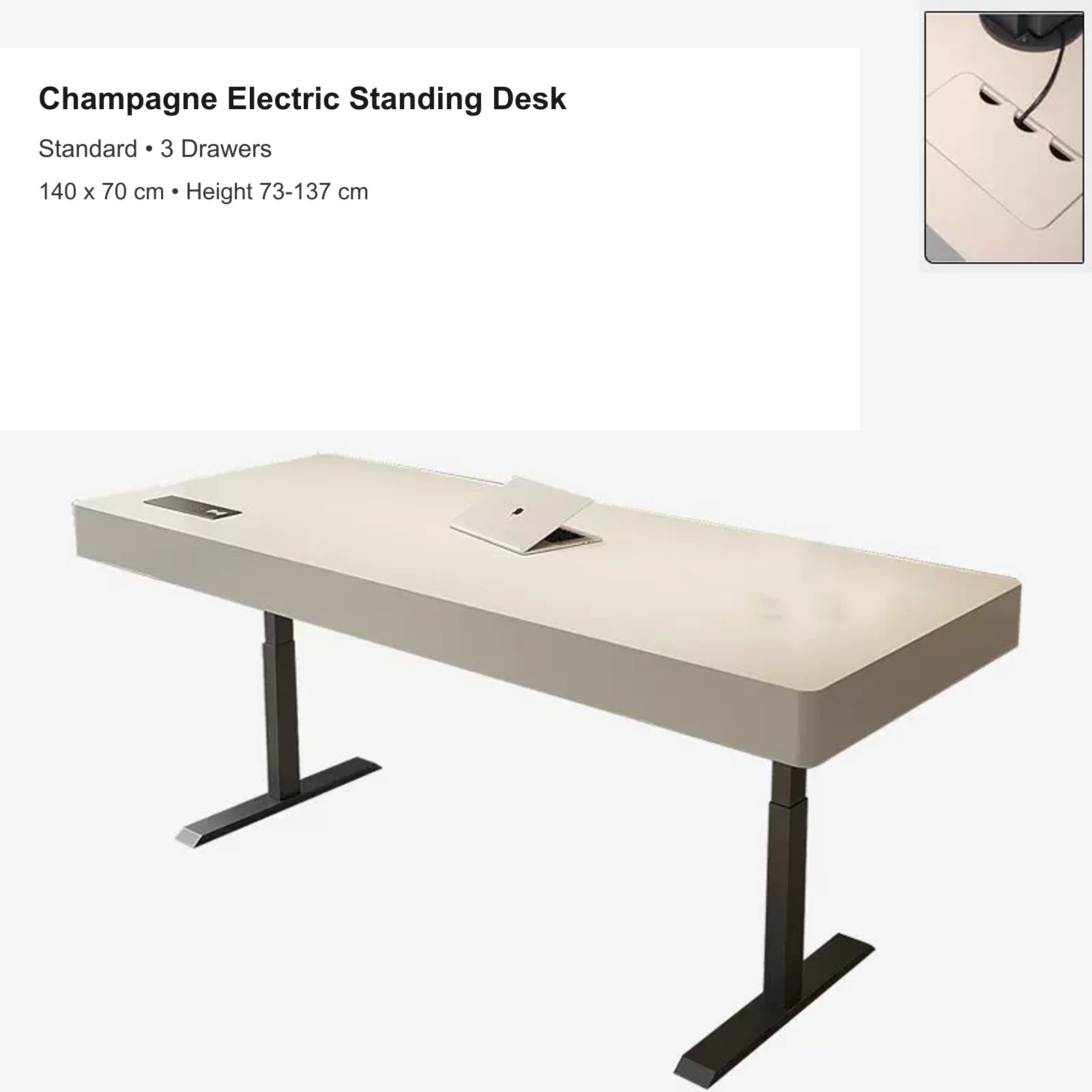 champagne electric standing desk with 3 drawers, standard, 140 x 70 cm