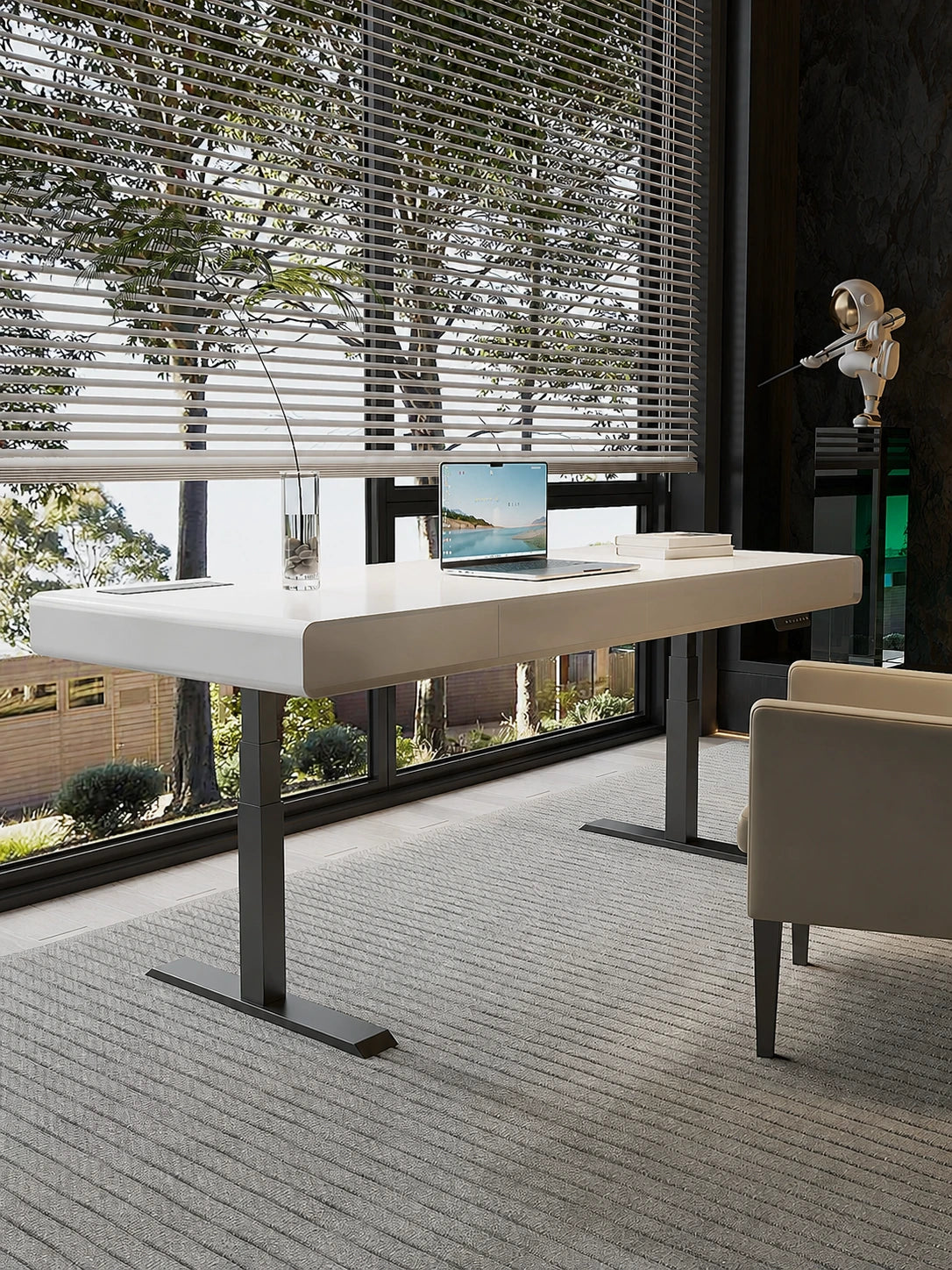 electric standing desk with four storage drawers