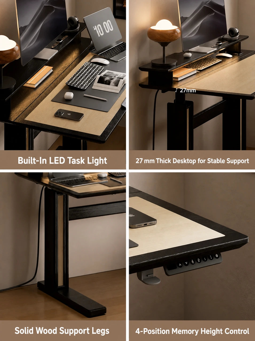 black red oak electric standing desk controls frame and desktop details