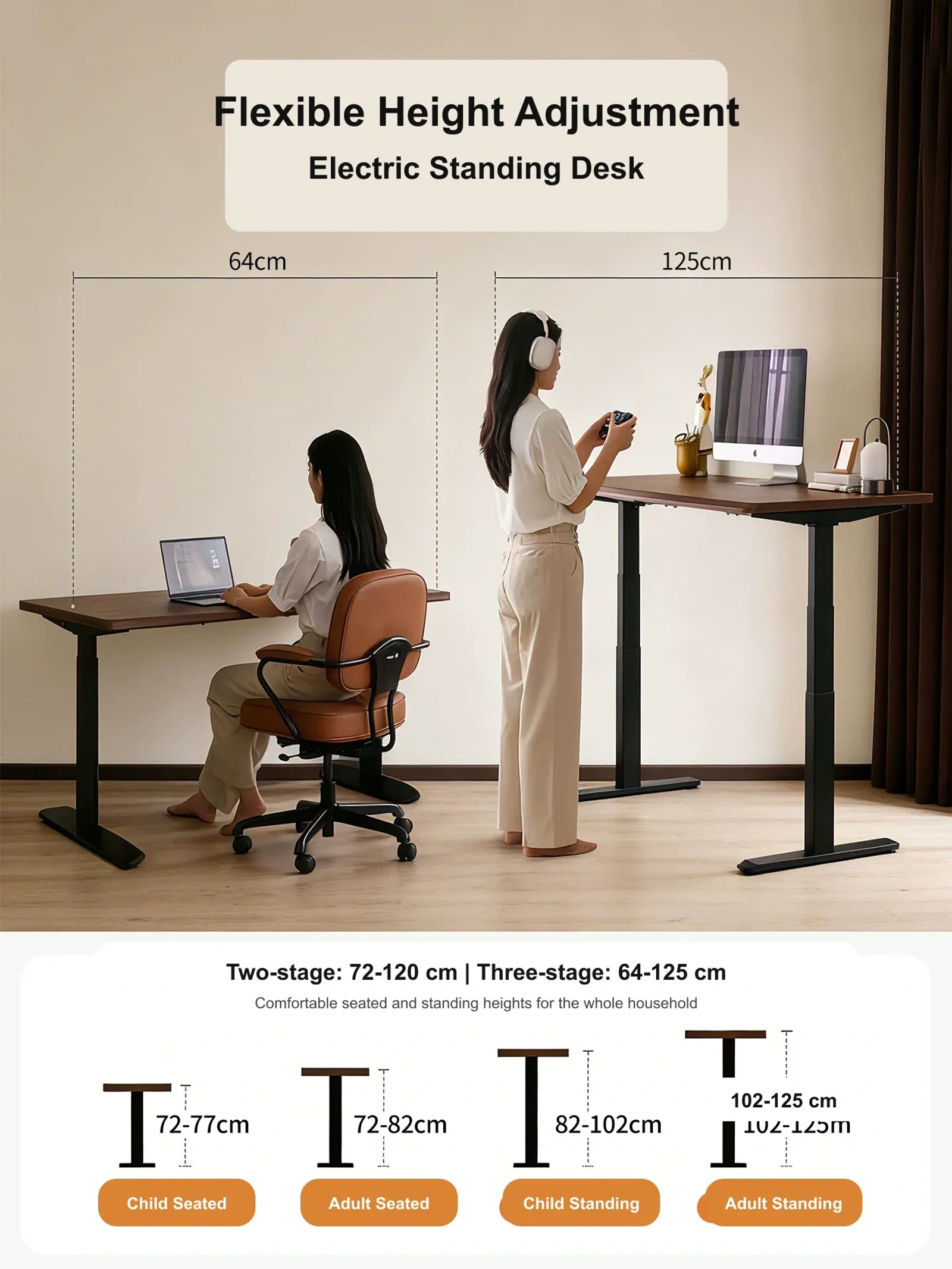 Solid wood electric standing desk showing two-stage and three-stage adjustable height ranges