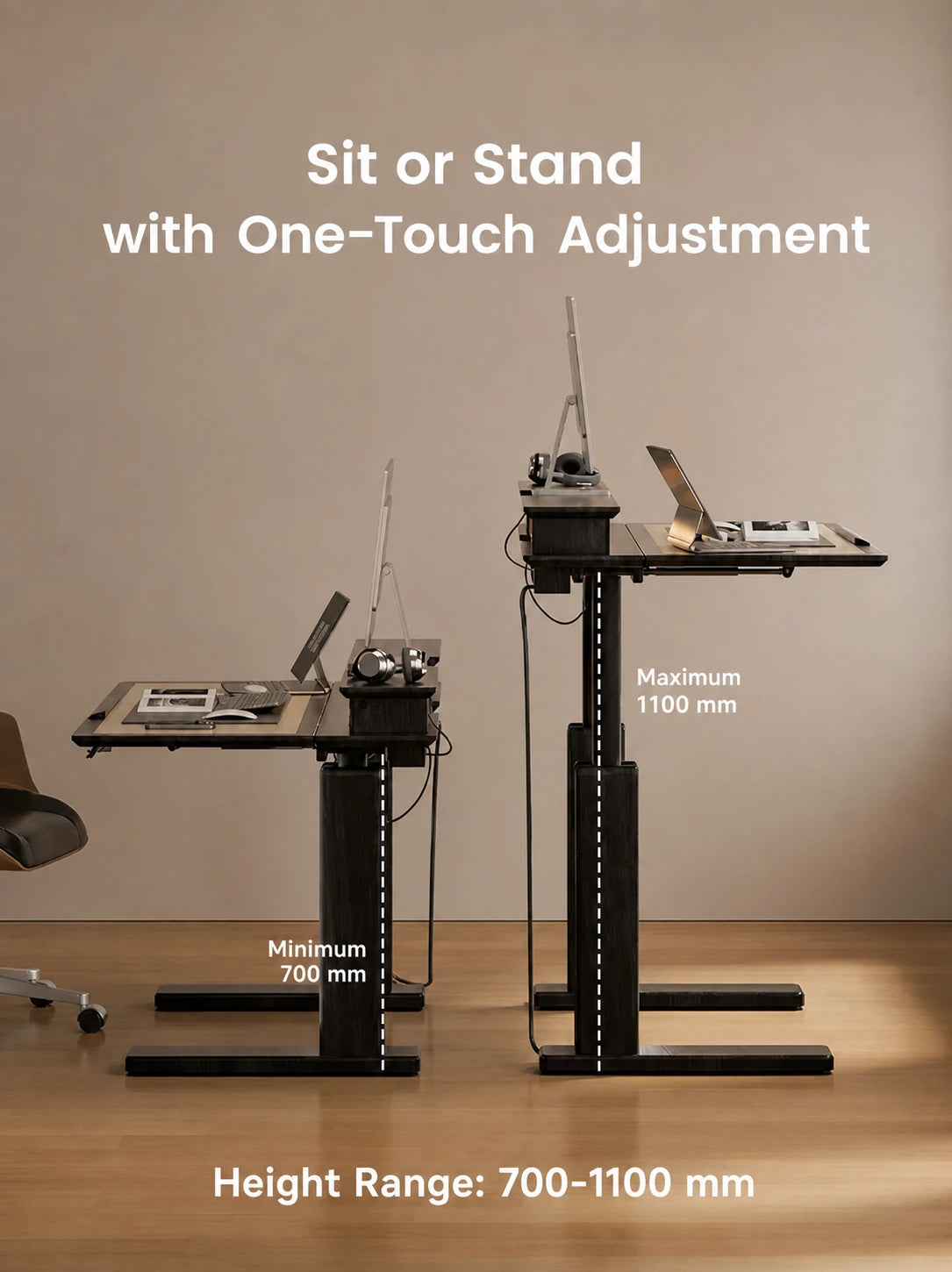 height adjustable electric standing desk shown at sitting and standing positions