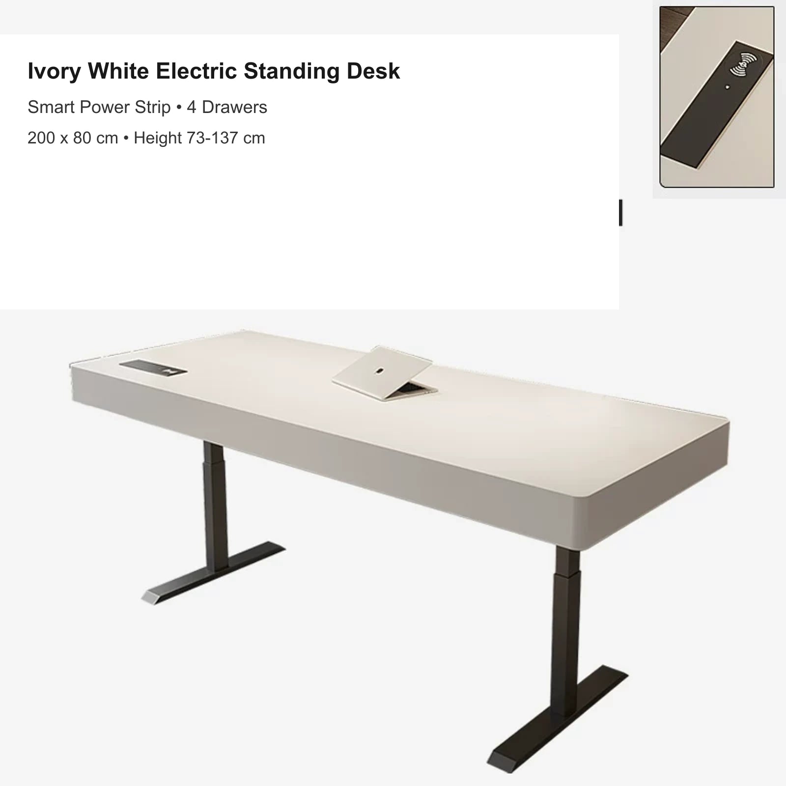 ivory white electric standing desk with 4 drawers, smart power strip, 200 x 80 cm