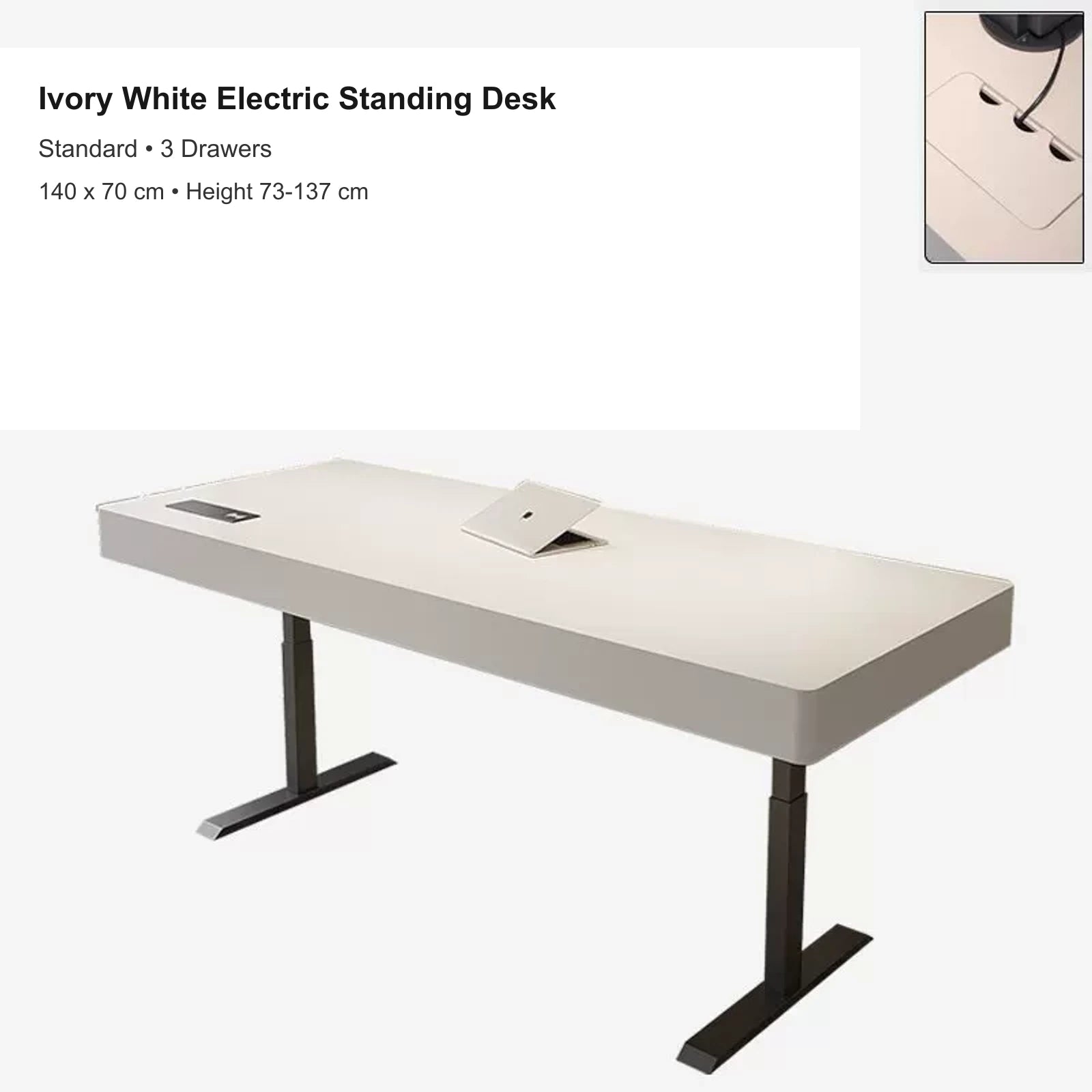 ivory white electric standing desk with 3 drawers, standard, 140 x 70 cm