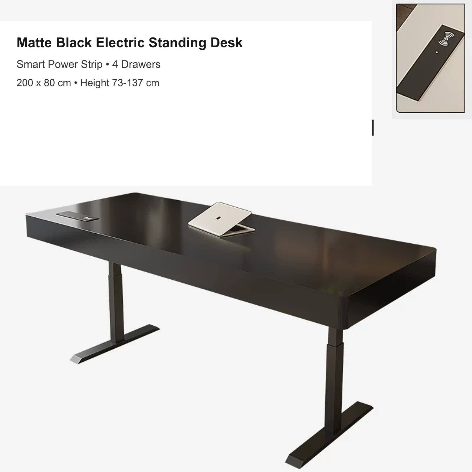 matte black electric standing desk with 4 drawers, smart power strip, 200 x 80 cm